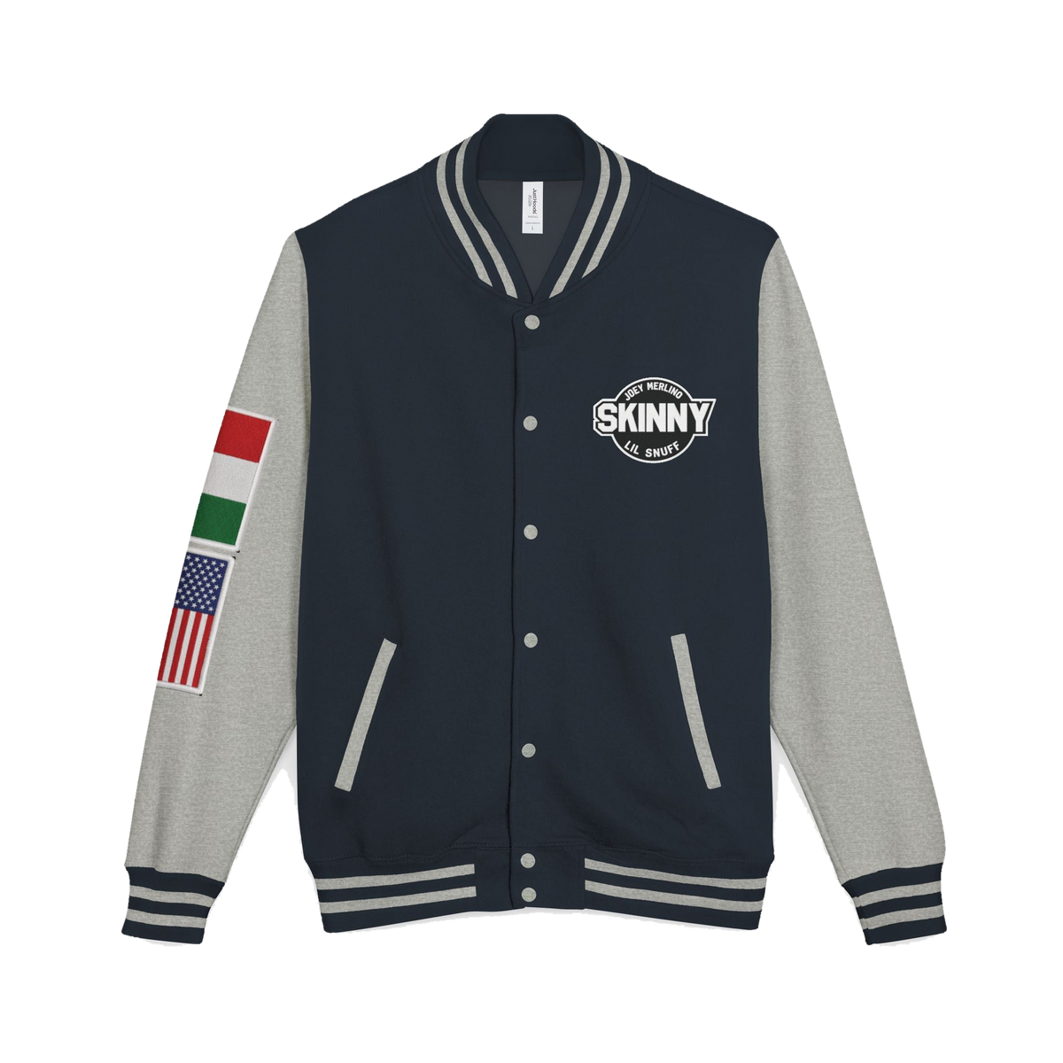 Skinny Joey letterman jacket in oxford navy and heather grey, South Philly streetwear