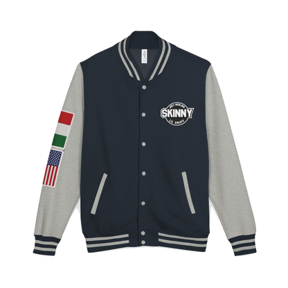 Skinny Joey letterman jacket in oxford navy and heather grey, South Philly streetwear