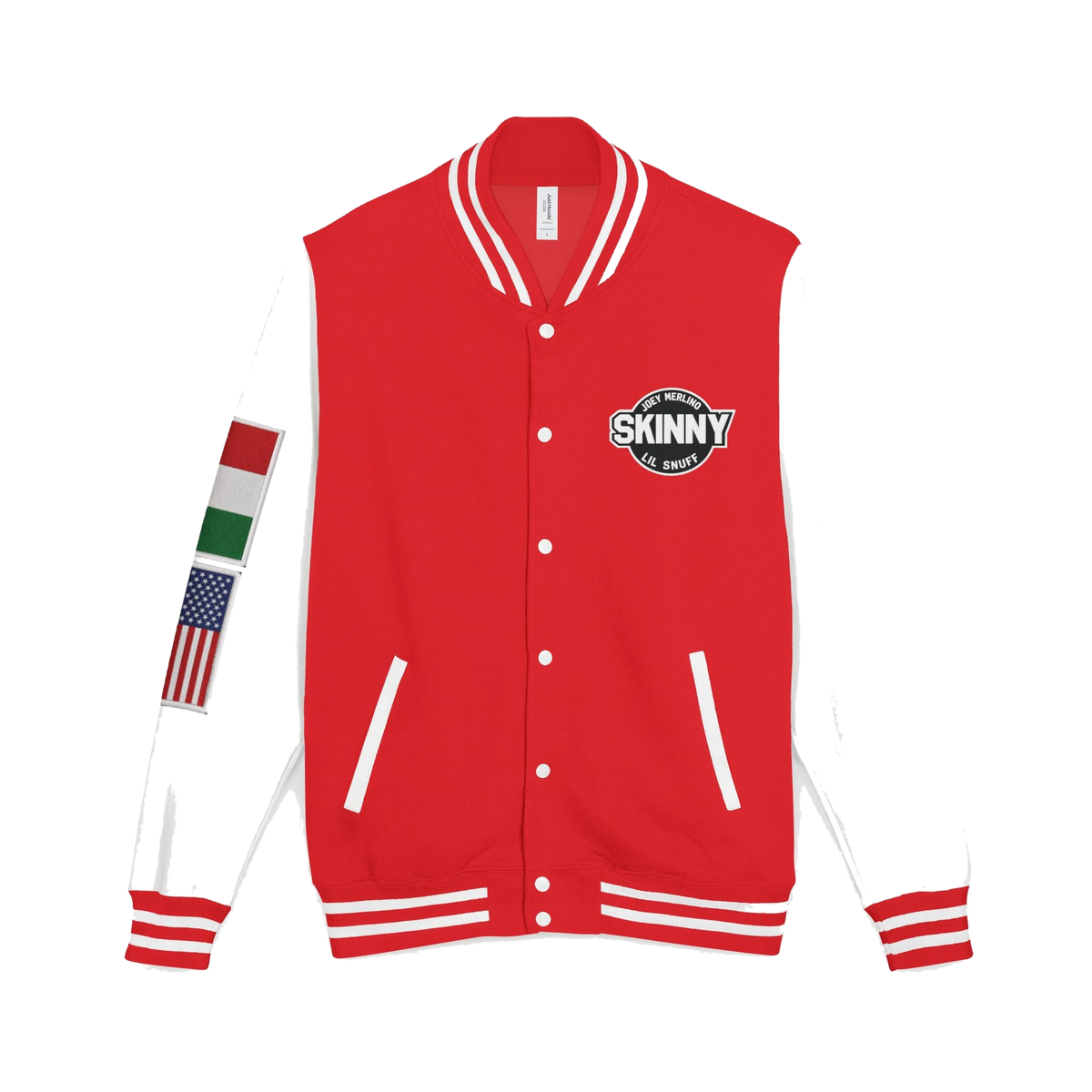 Skinny Joey letterman jacket in fire red and arctic white, Philadelphia streetwear