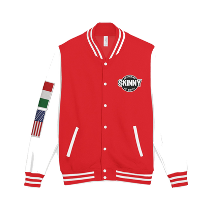 Skinny Joey letterman jacket in fire red and arctic white, Philadelphia streetwear