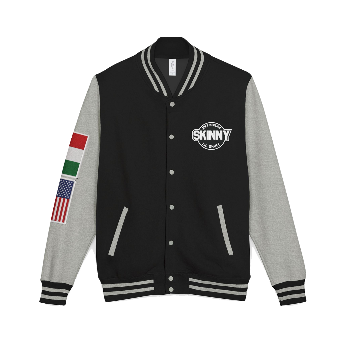 Skinny Joey letterman jacket in jet black and heather grey, The Skinny with Joey Merlino podcast merch