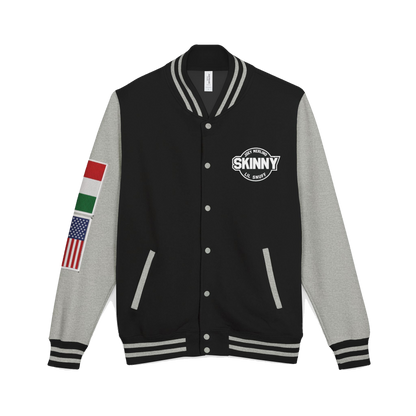 Skinny Joey letterman jacket in jet black and heather grey, The Skinny with Joey Merlino podcast merch