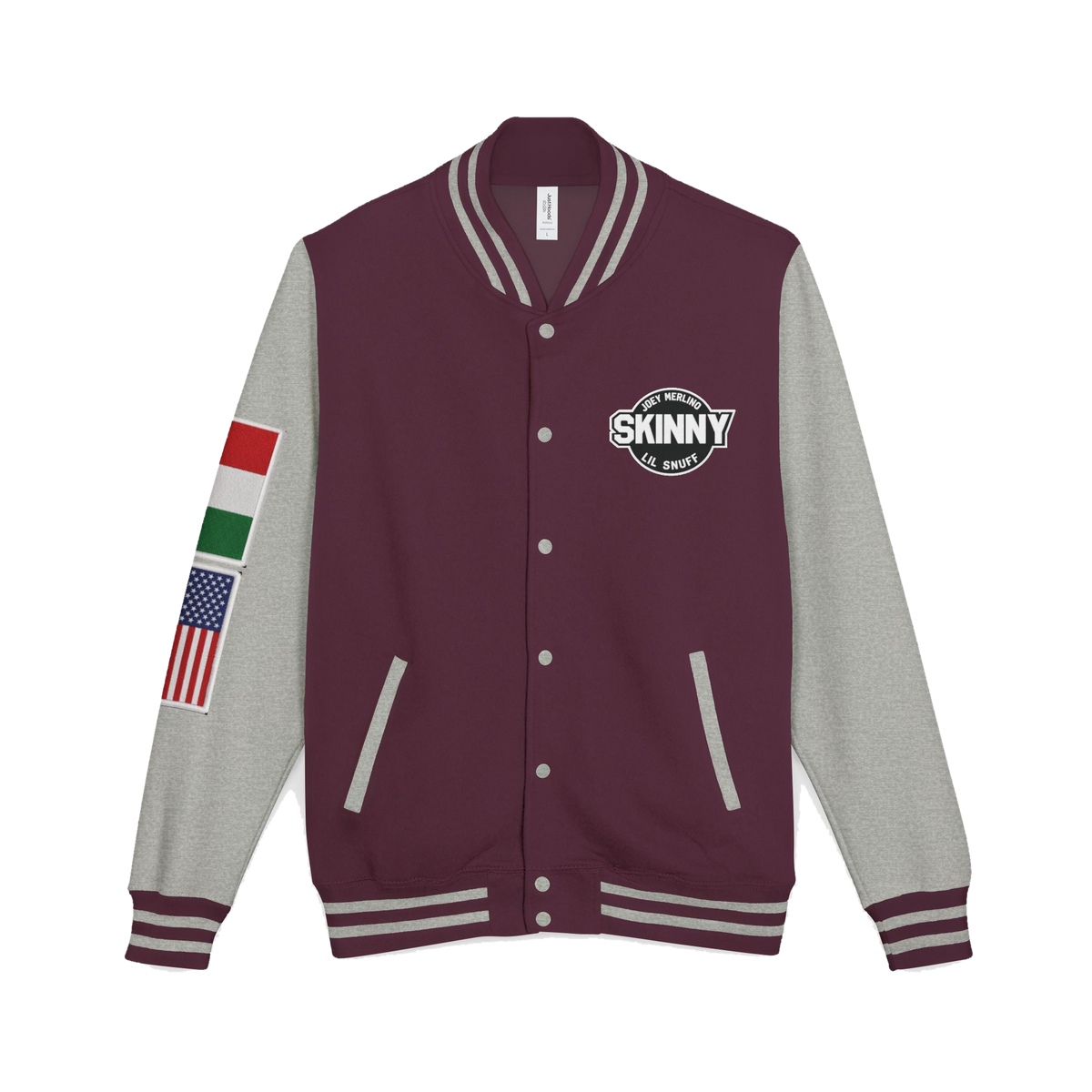 Skinny Joey letterman jacket in burgundy and heather grey, Italian American pride apparel