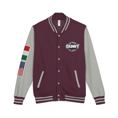 Skinny Joey letterman jacket in burgundy and heather grey, Italian American pride apparel