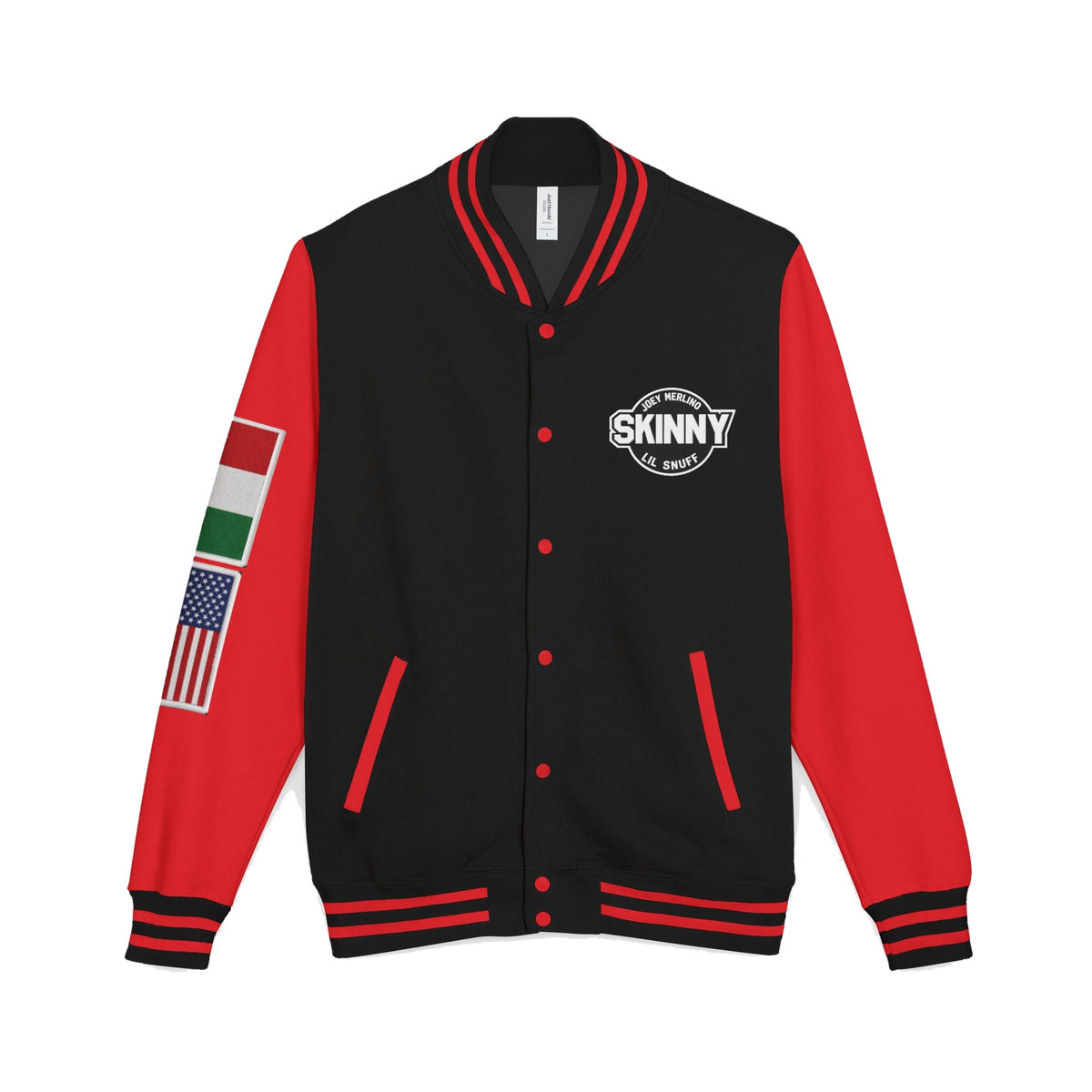 Skinny Joey letterman jacket in jet black and fire red, Philly culture apparel