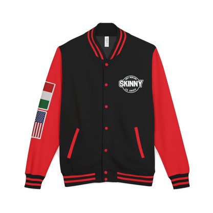 Skinny Joey letterman jacket in jet black and fire red, Philly culture apparel