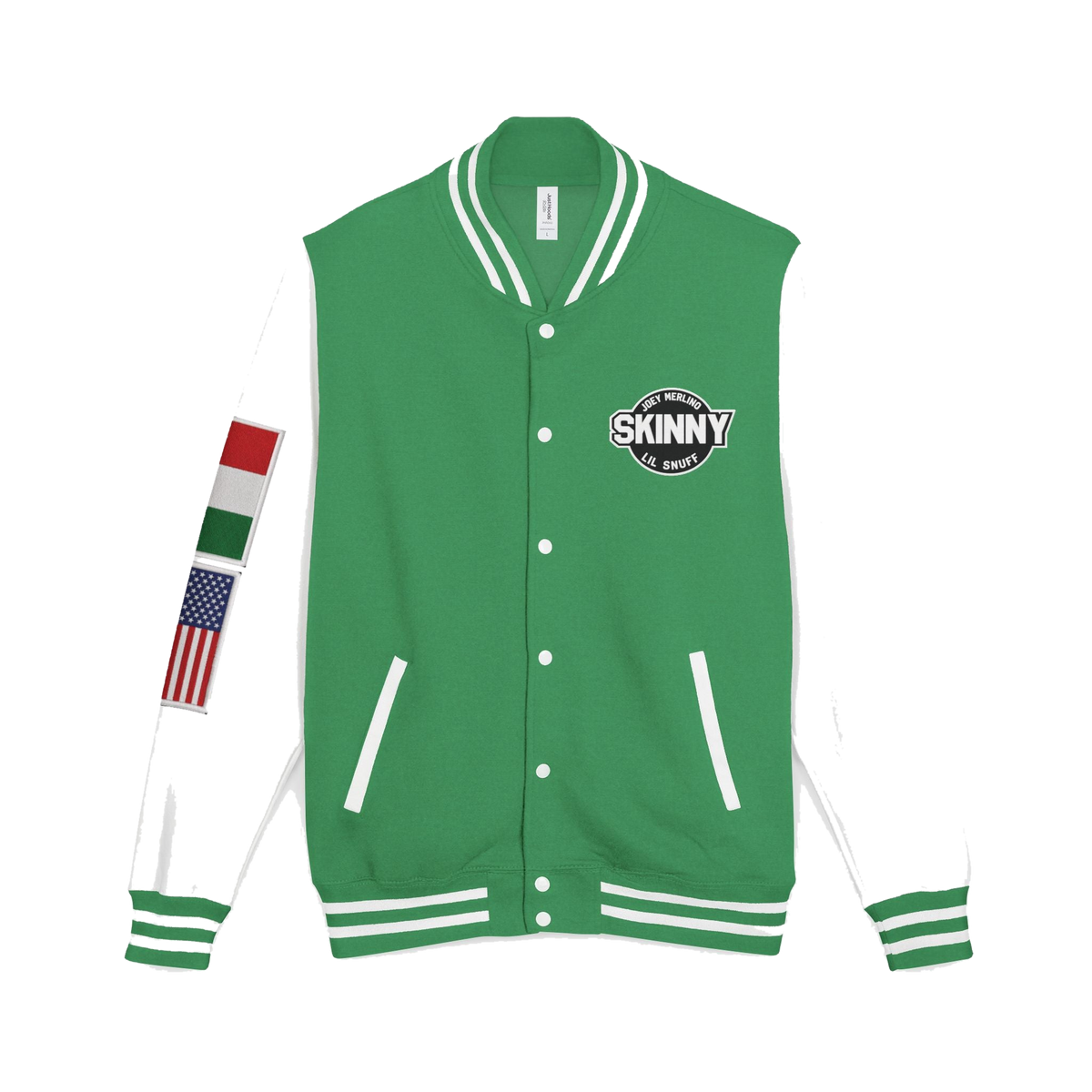 Skinny Joey letterman jacket in kelly green and arctic white, The Skinny Podcast with Joey Merlino & Lil Snuff merch