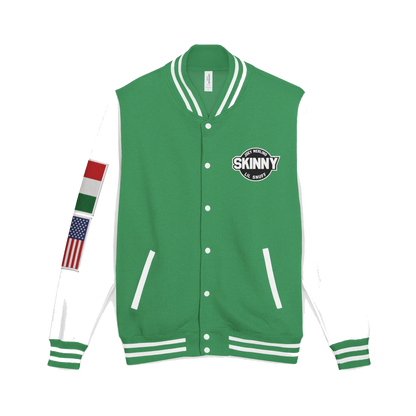 Skinny Joey letterman jacket in kelly green and arctic white, The Skinny Podcast with Joey Merlino & Lil Snuff merch