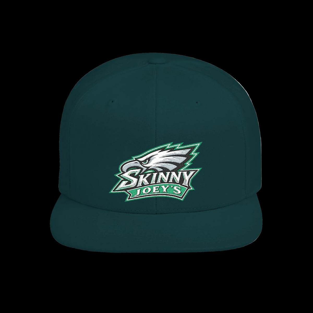 Skinny Joeys x Eagles 2026 flat bill snapback in spruce, front, The Skinny with Joey Merlino Podcast