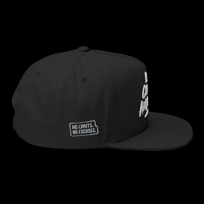 Black cap with white text on a light gray background