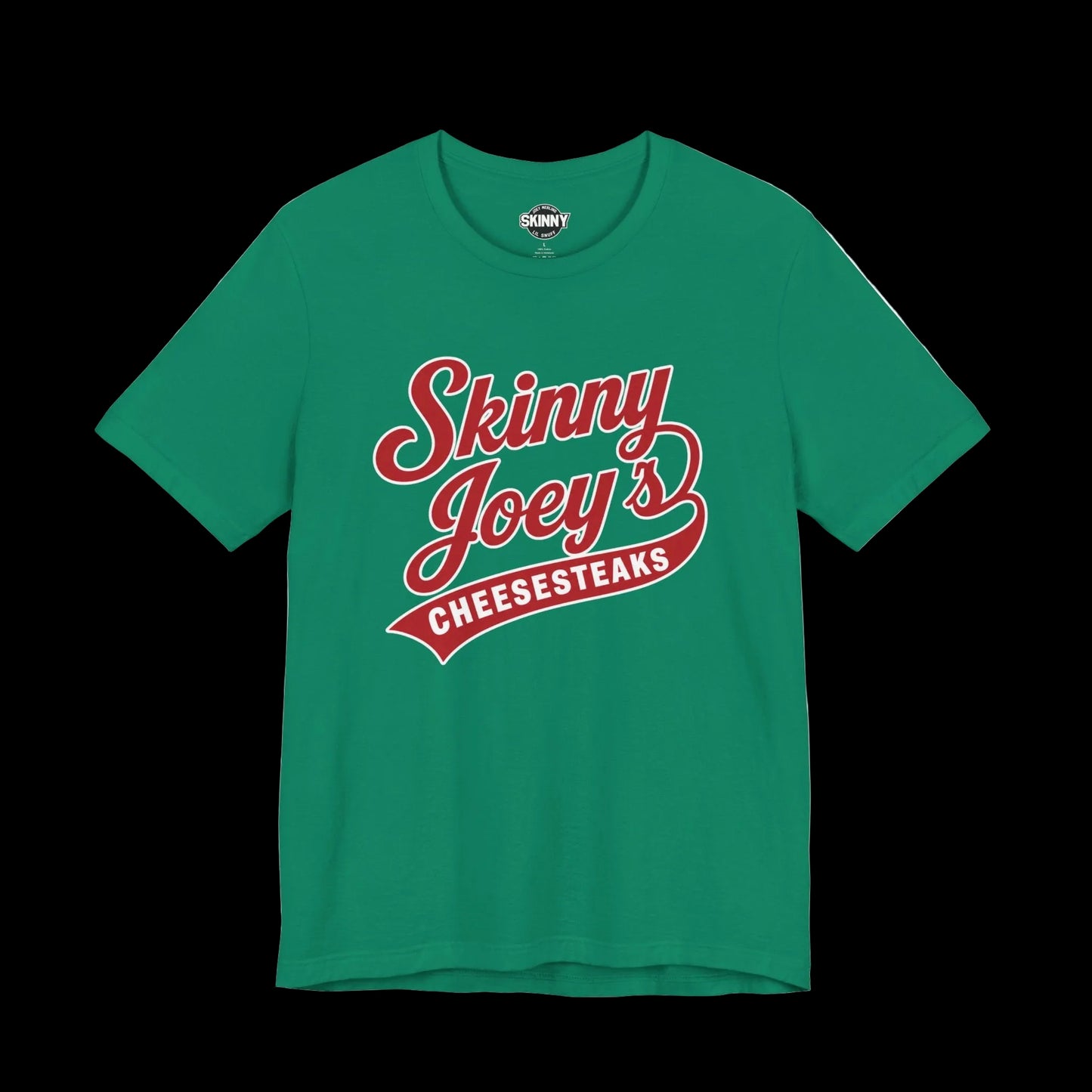 Green t-shirt with 'Skinny Joey's Cheesesteaks' text on a white background
