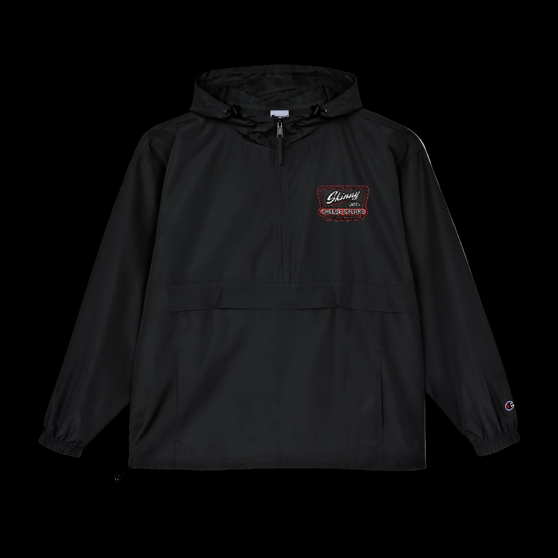 Black hooded jacket with a logo on the chest against a white background