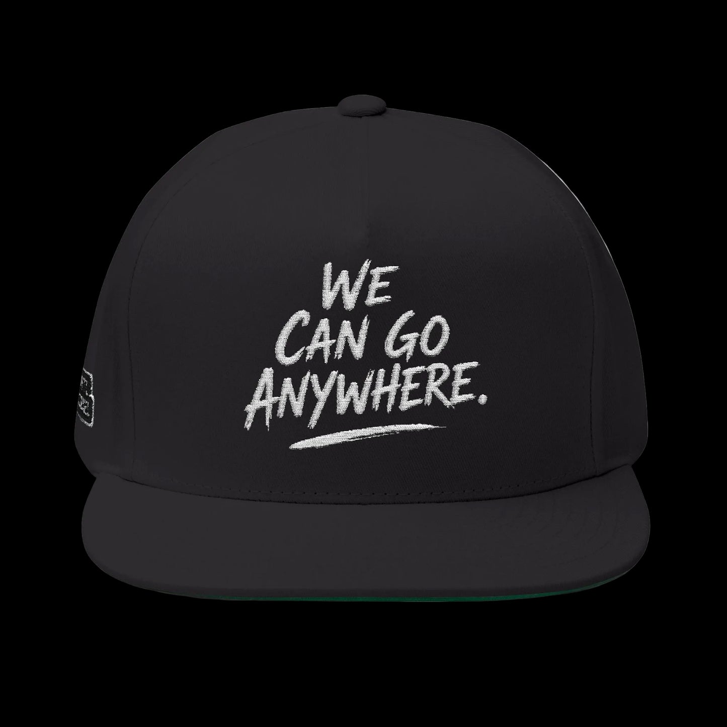 Black cap with 'We Can Go Anywhere' text on a white background