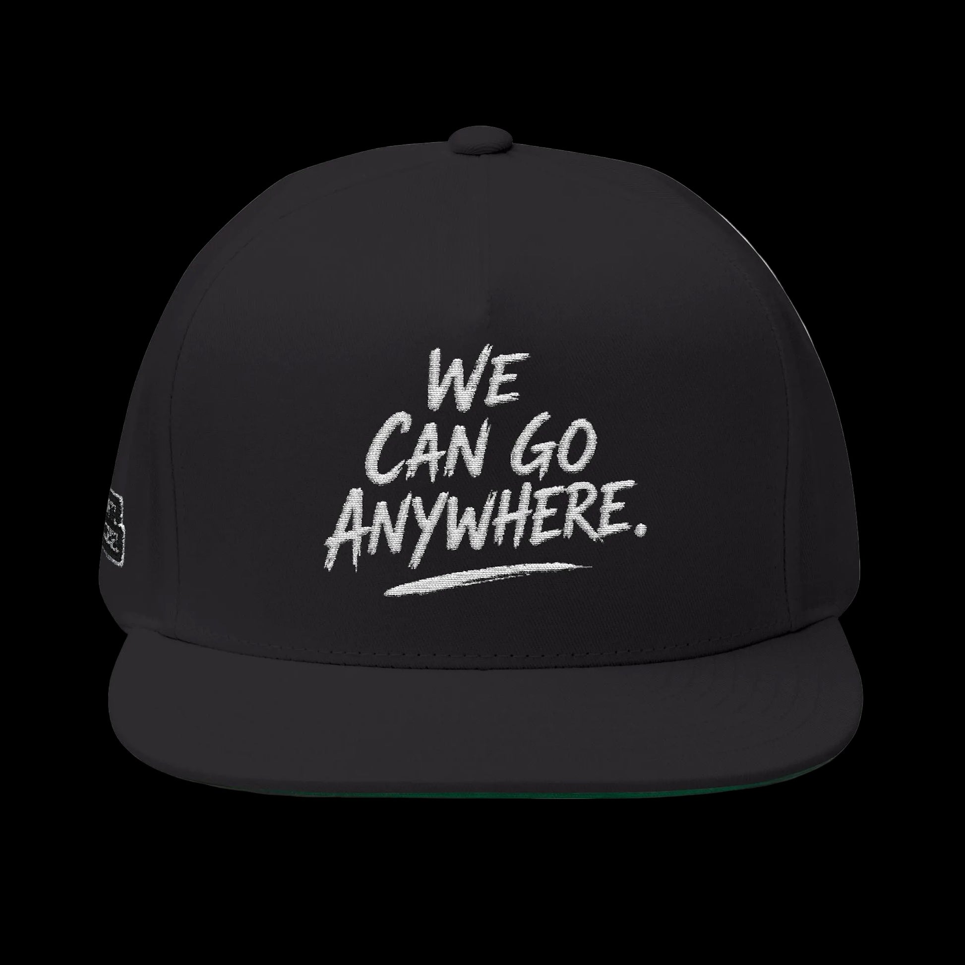 Black cap with 'We Can Go Anywhere' text on a white background