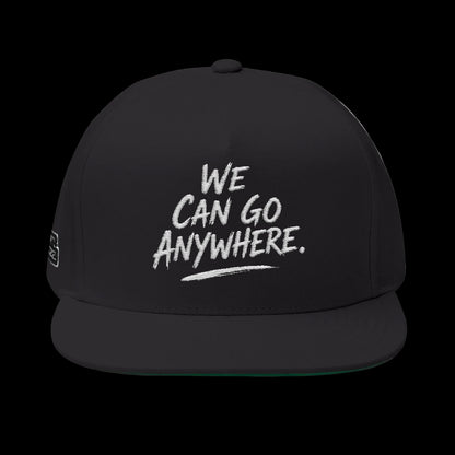 Black cap with 'We Can Go Anywhere' text on a white background