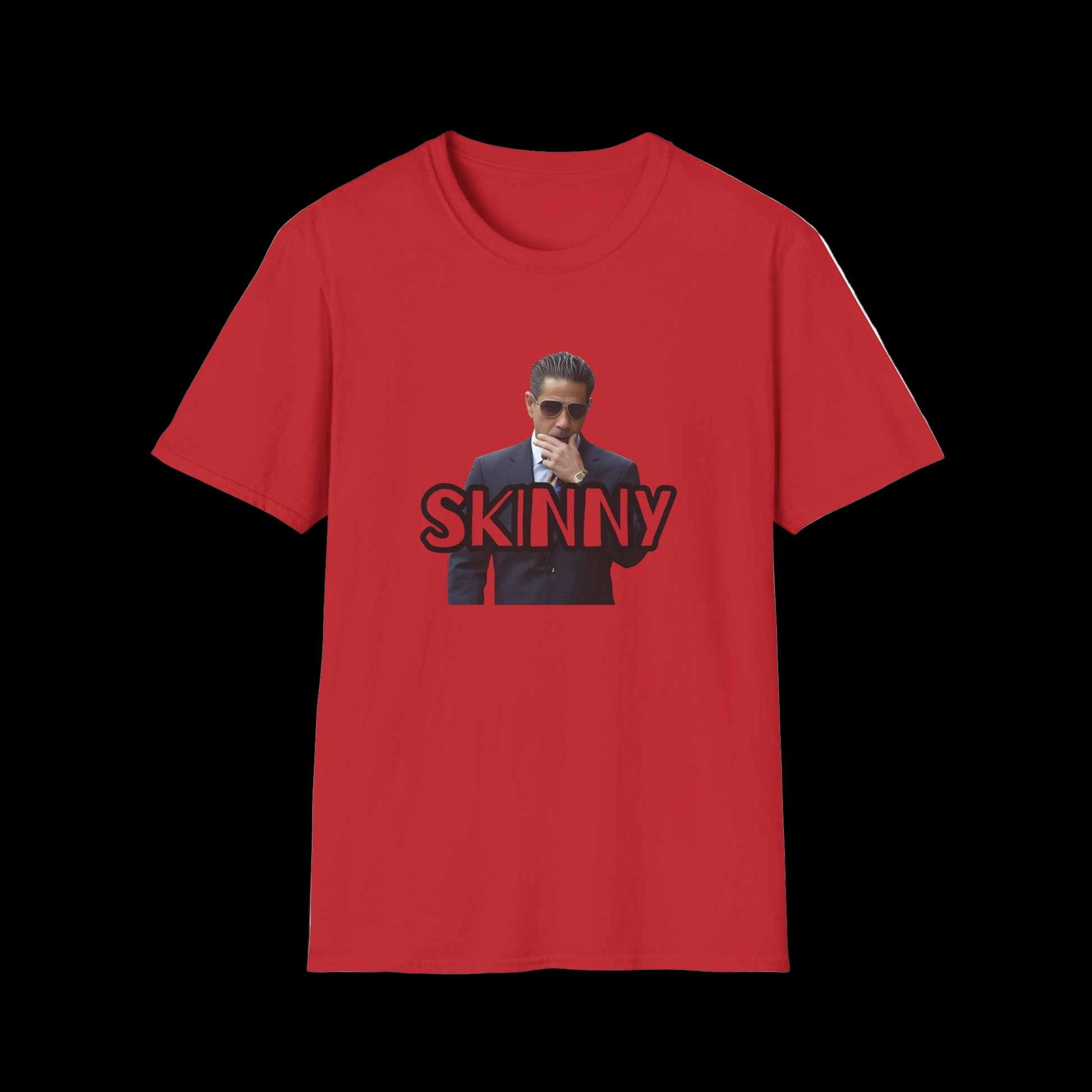 Red t-shirt with a graphic of a person and the word 'SKINNY' on a white background