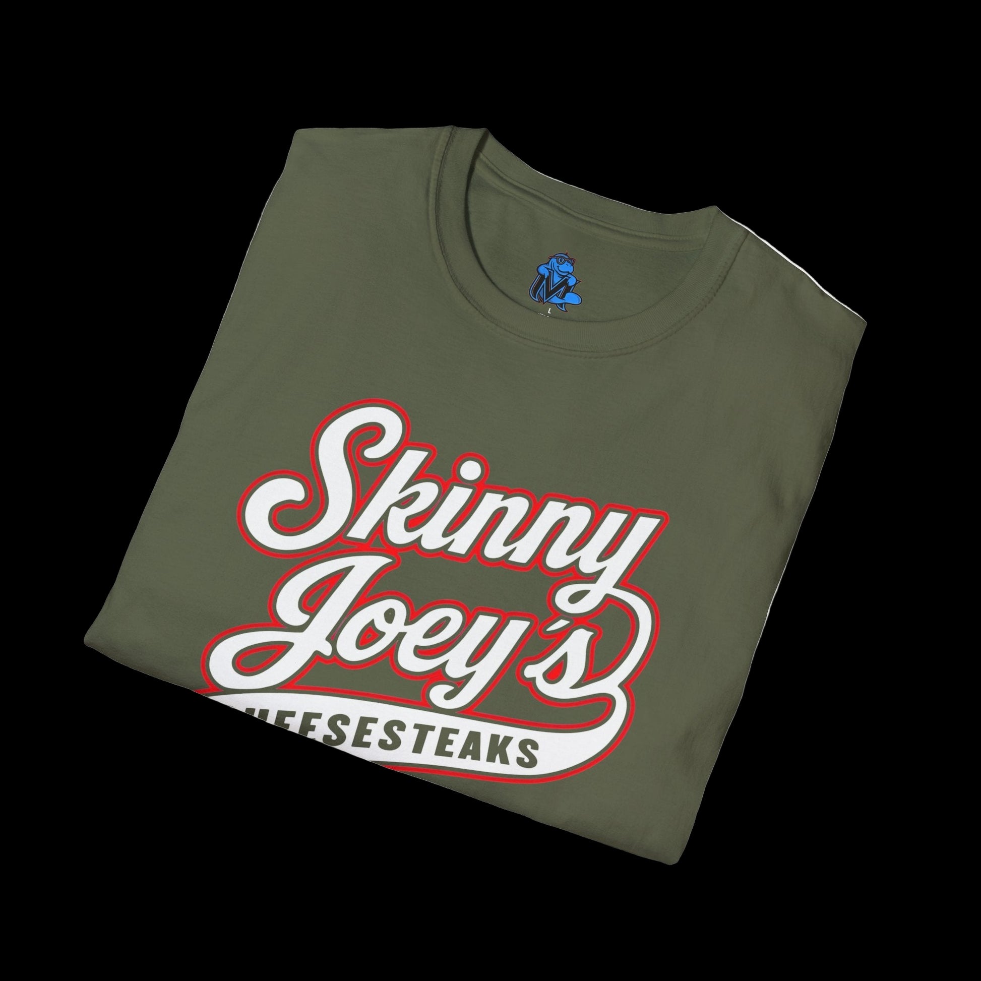 Folded green t-shirt with 'Skinny Joey's Cheesesteaks' text on a white background
