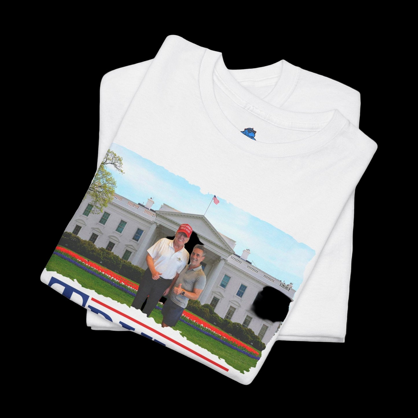 White t-shirt with a graphic of two people in front of a building on a white background