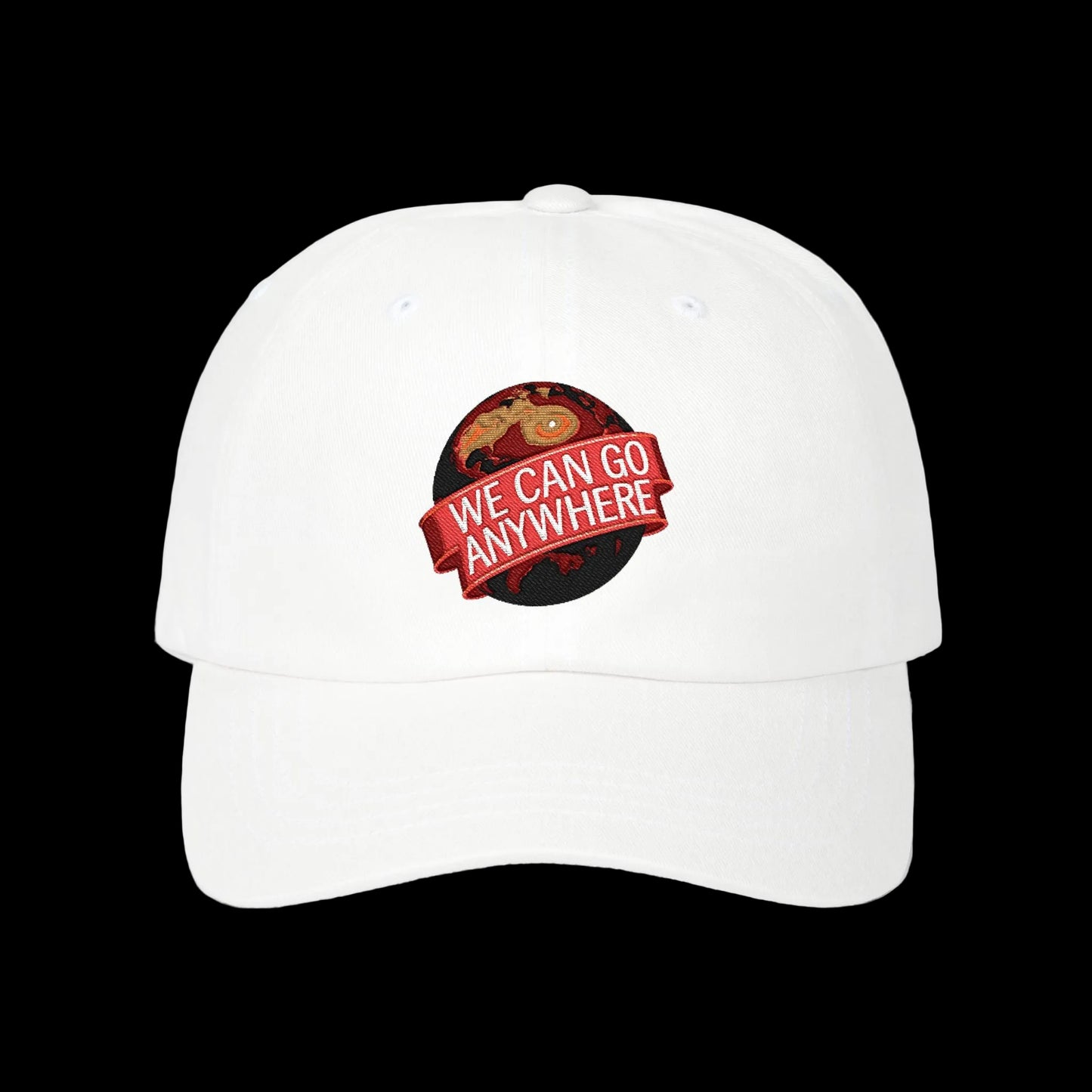 White cap with a red and black logo and text on a white background