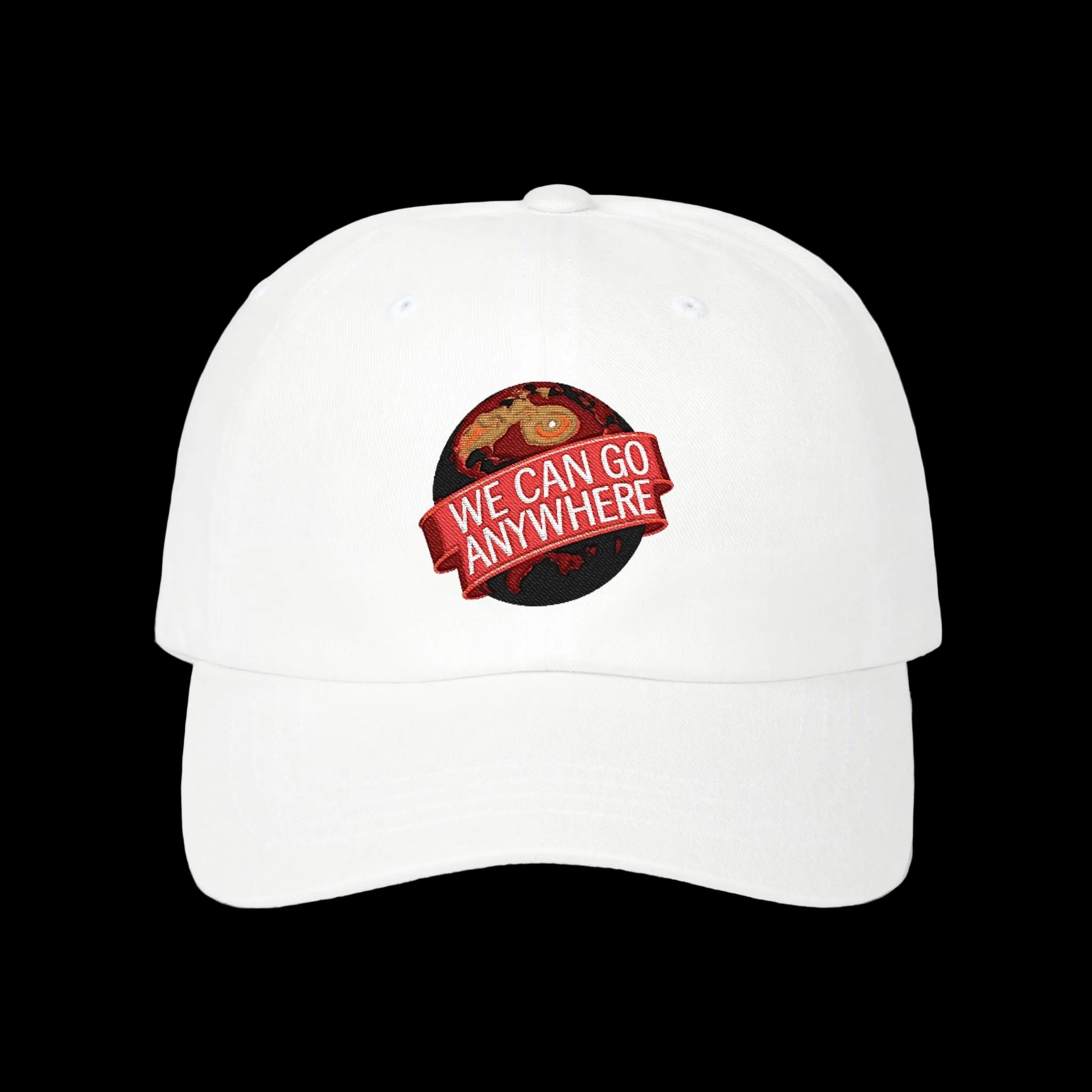 White cap with a red and black logo and text on a white background