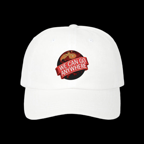 White cap with a red and black logo and text on a white background