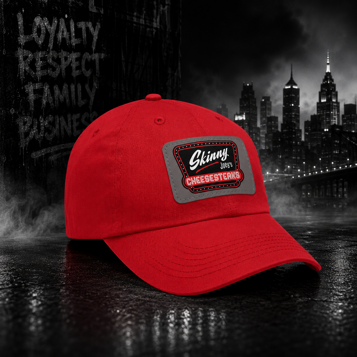 Skinny Joey Leather Patch Dad Hat - front view - Skinny Joey's Cheesesteaks