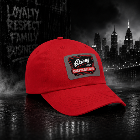 Skinny Joey Leather Patch Dad Hat - front view - Skinny Joey's Cheesesteaks