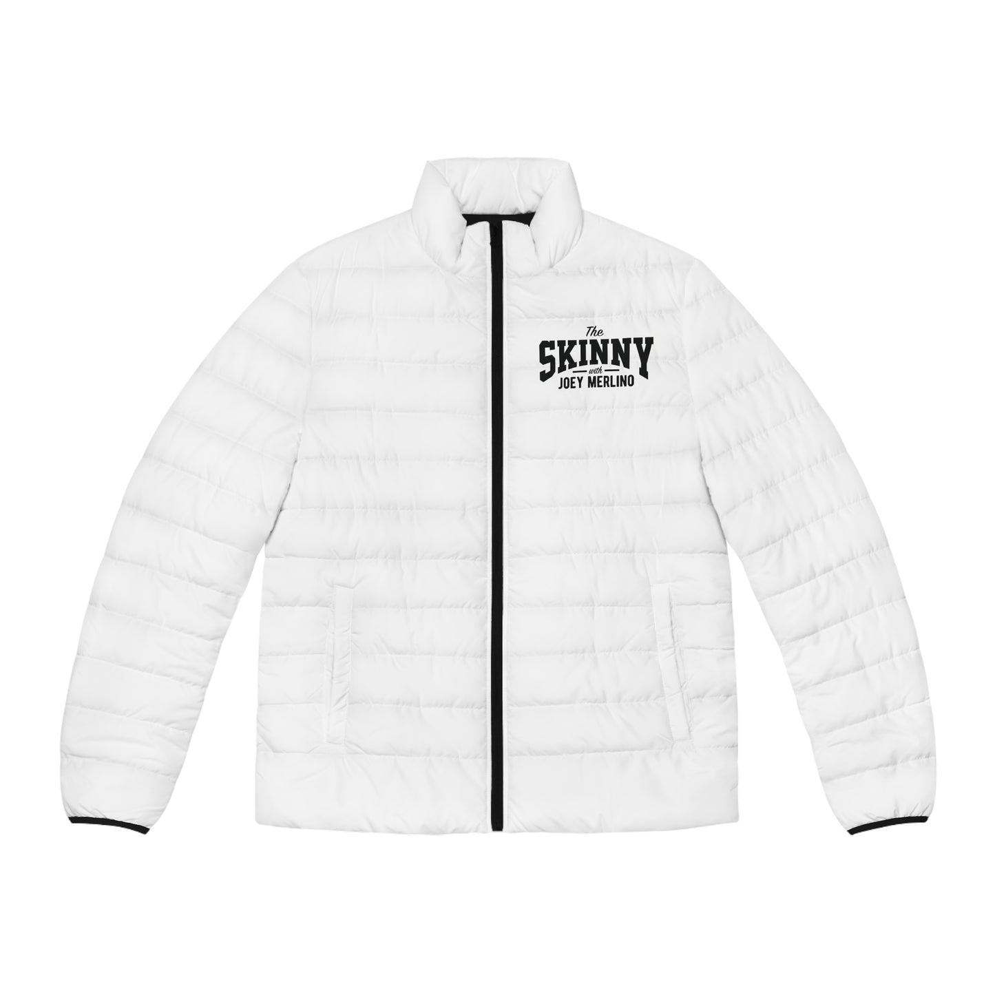 Men's White Puffer Jacket with Red Script Sleeve — Lightweight Quilted Coat