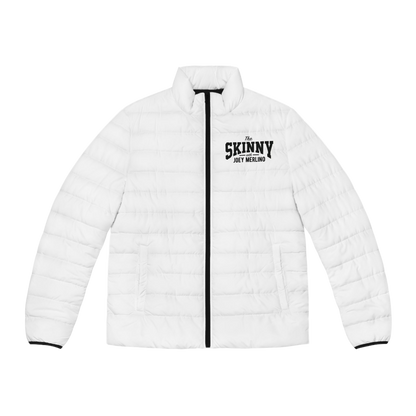 Men's White Puffer Jacket with Red Script Sleeve — Lightweight Quilted Coat