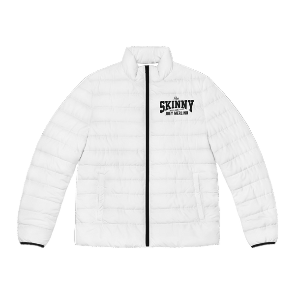 Men's White Puffer Shirt - Red Script Sleeve Lightweight Quilted Jacket