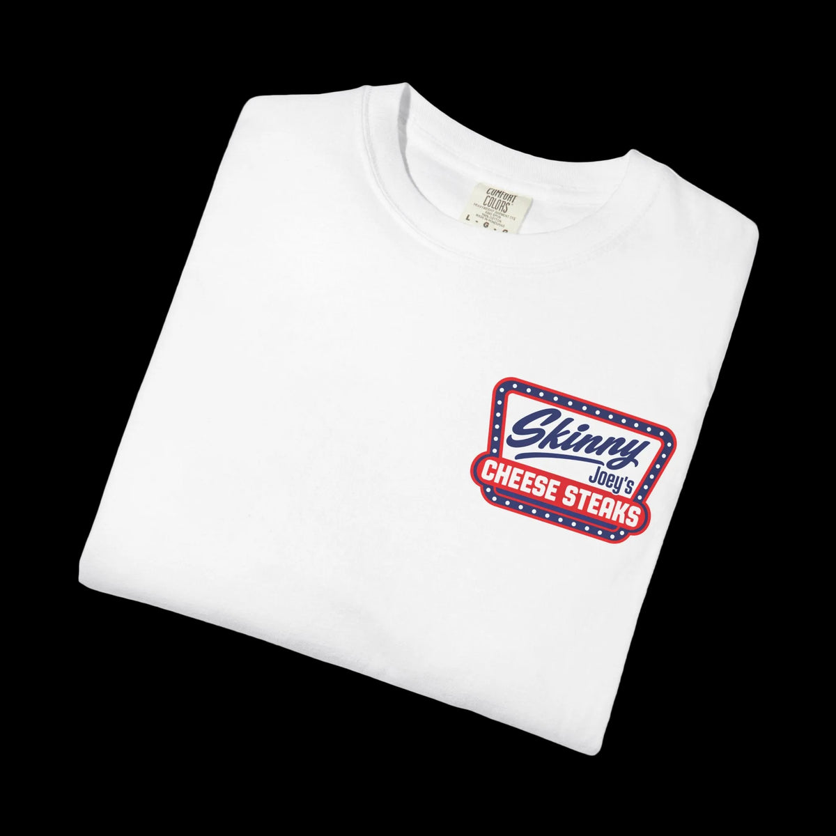 Skinny Joey's Cheesesteaks USA heavyweight tee in white, folded, Philadelphia
