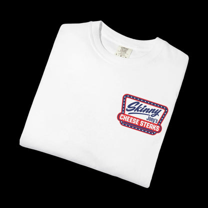 Skinny Joey's Cheesesteaks USA heavyweight tee in white, folded, Philadelphia