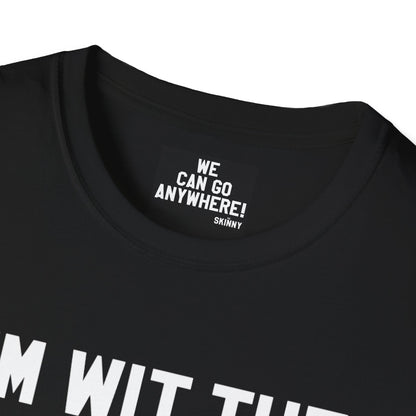 Black t-shirt with white text on a white background