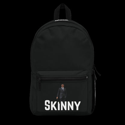 Black backpack with a person in a suit and 'SKINNY' text on a white background