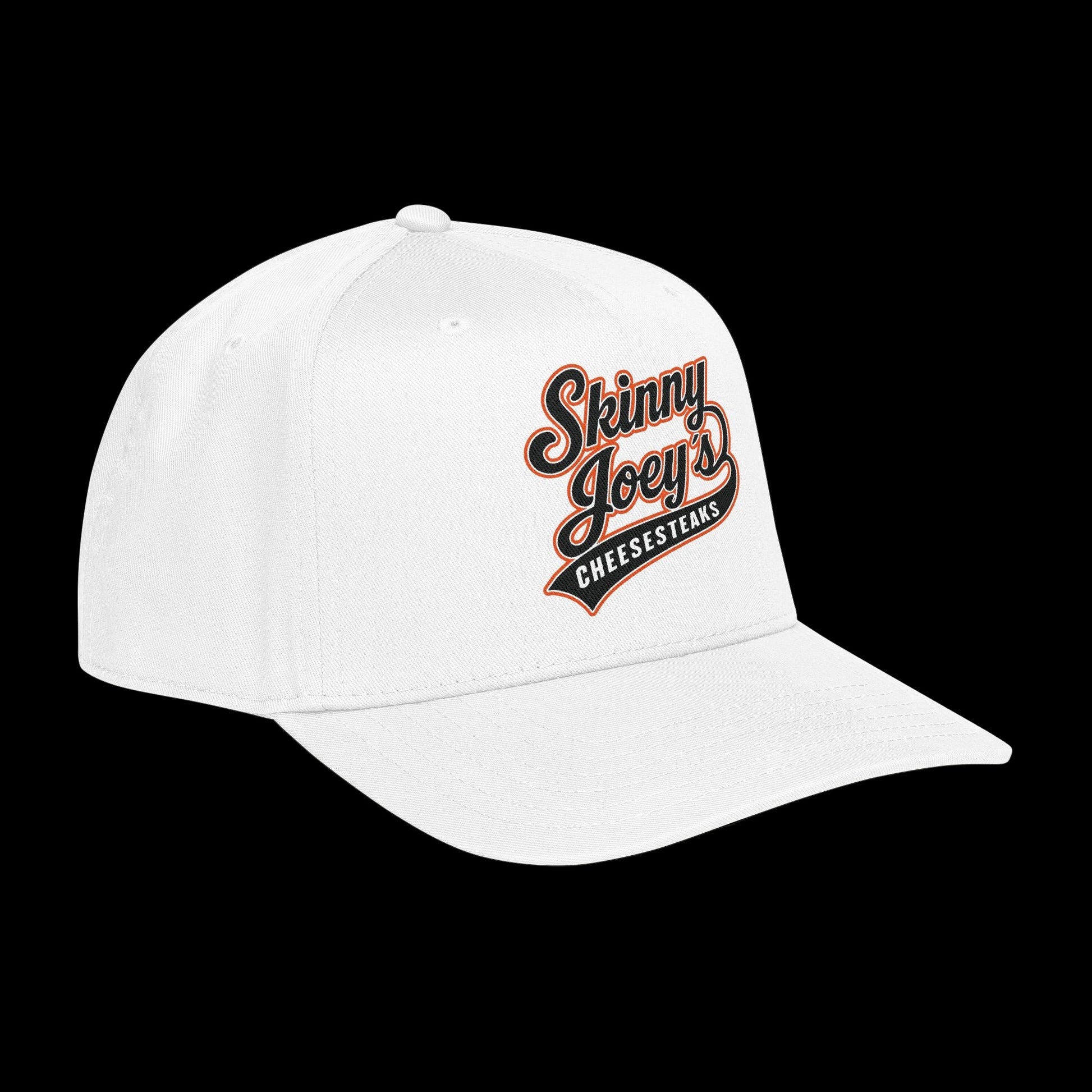 White cap with 'Skinny Joey's Cheesesteaks' logo on a white background