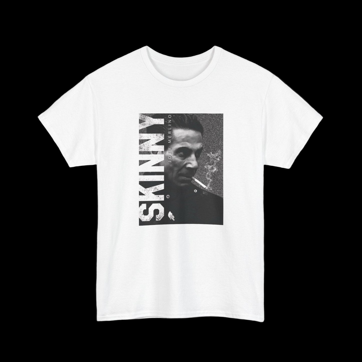 White t-shirt with a graphic design featuring a person and the word 'SKINNY' on a black background