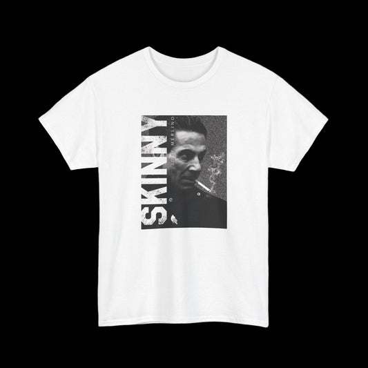 White t-shirt with a graphic design featuring a person and the word 'SKINNY' on a black background