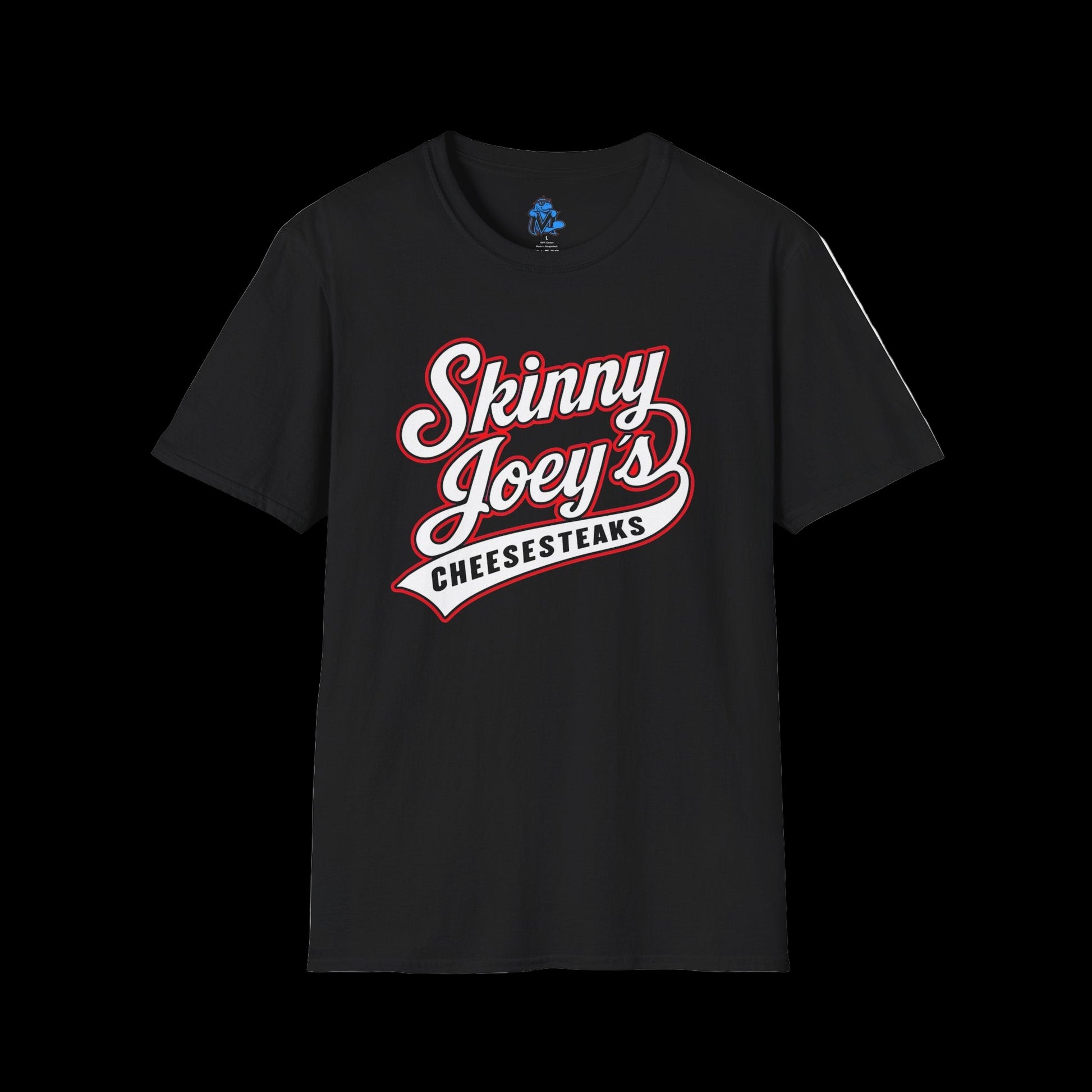 Black t-shirt with 'Skinny Joey's Cheesesteaks' text on a white background