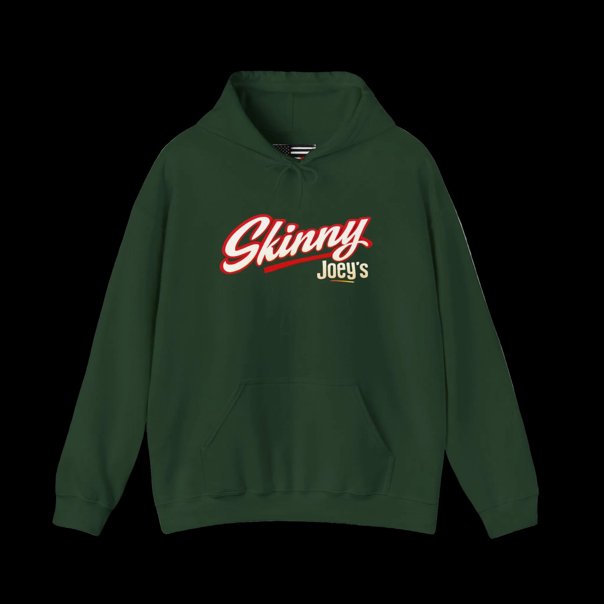 Green hoodie with 'Skinny Joey's' text on a white background