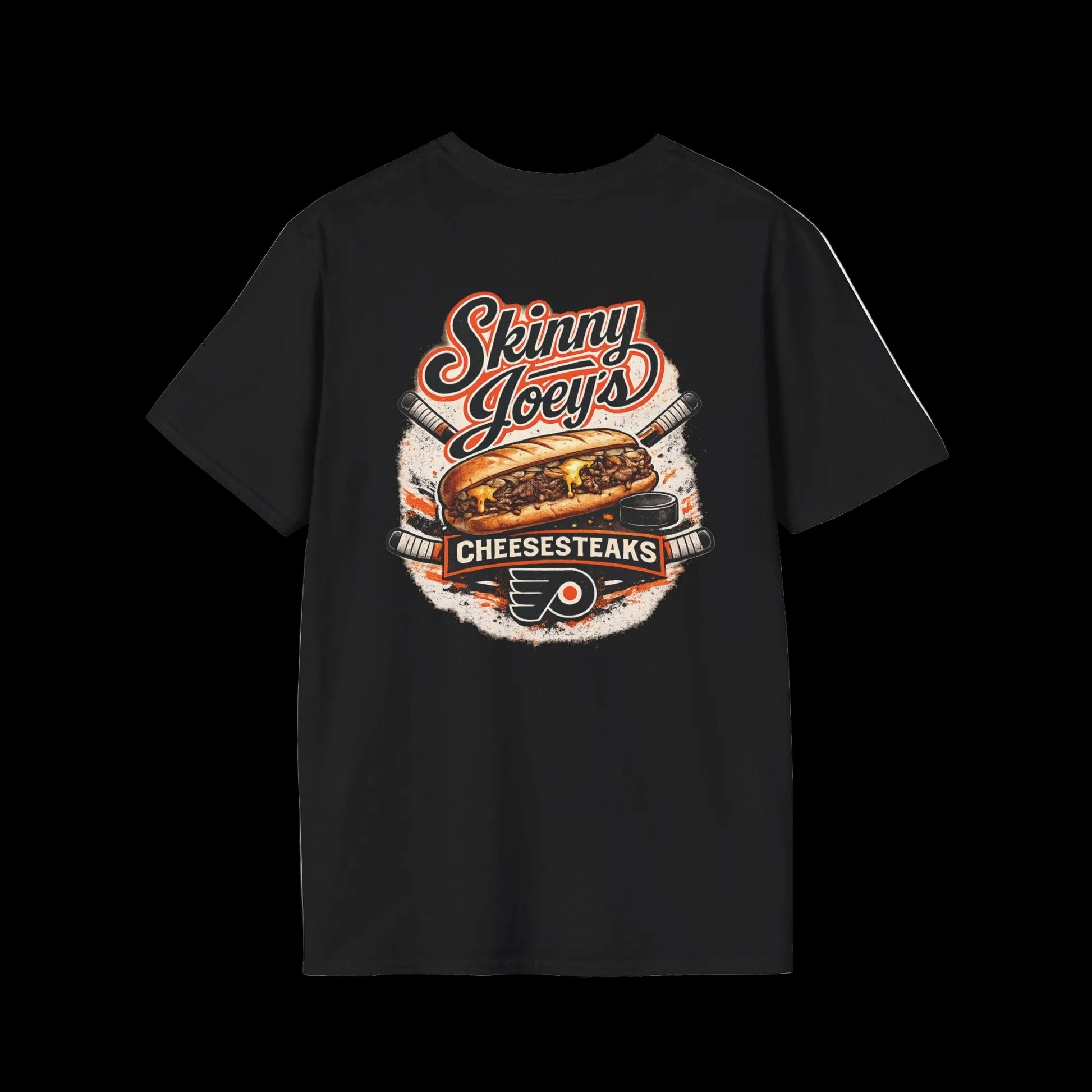 Black t-shirt with 'Skinny Joey's Cheesesteaks' graphic on a white background