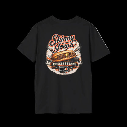 Black t-shirt with 'Skinny Joey's Cheesesteaks' graphic on a white background