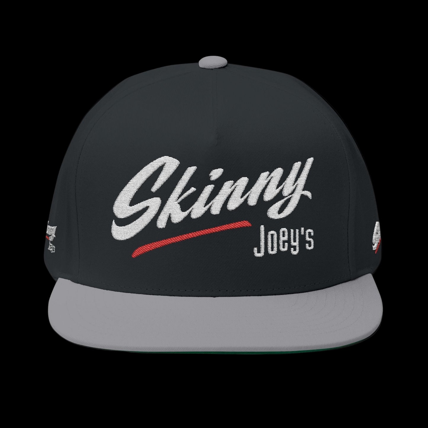Black cap with 'Skinny Joey's' text on a white background