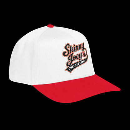 White and red cap with 'Skinny Joey's Cheesesteaks' logo on a black background