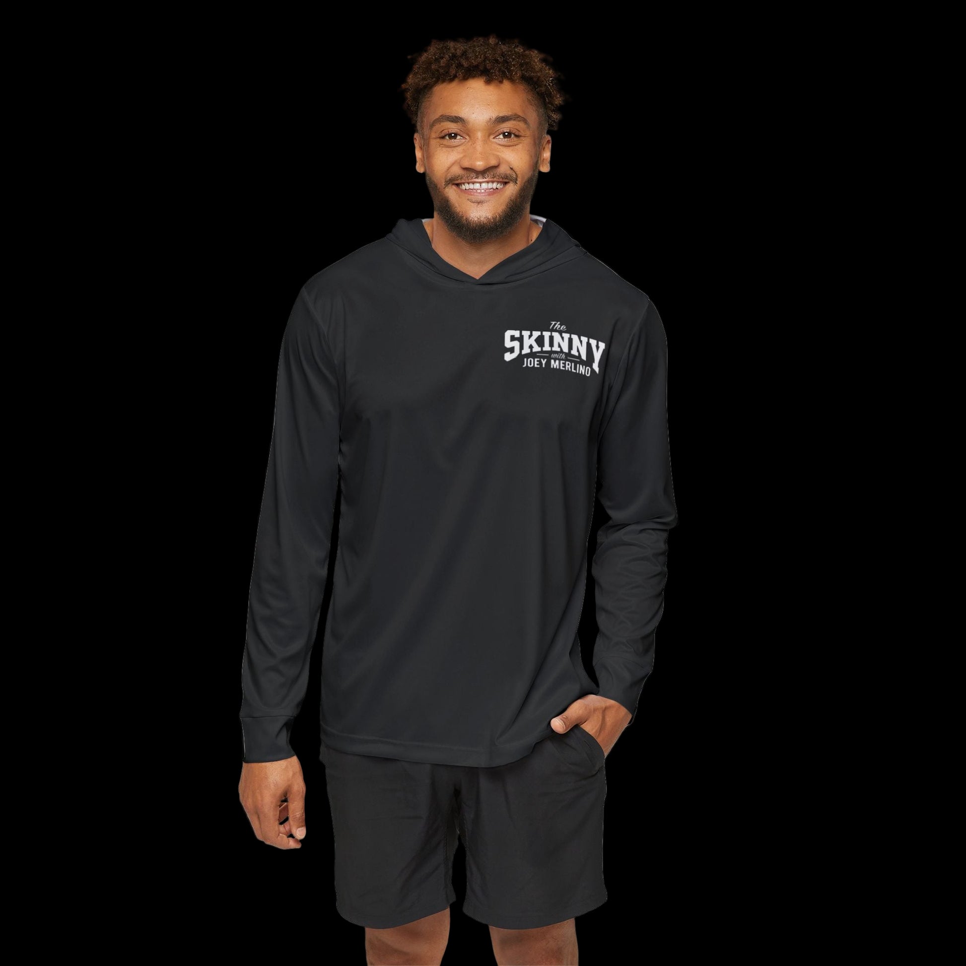 Man wearing a black hoodie with 'Skinny' text on a white background