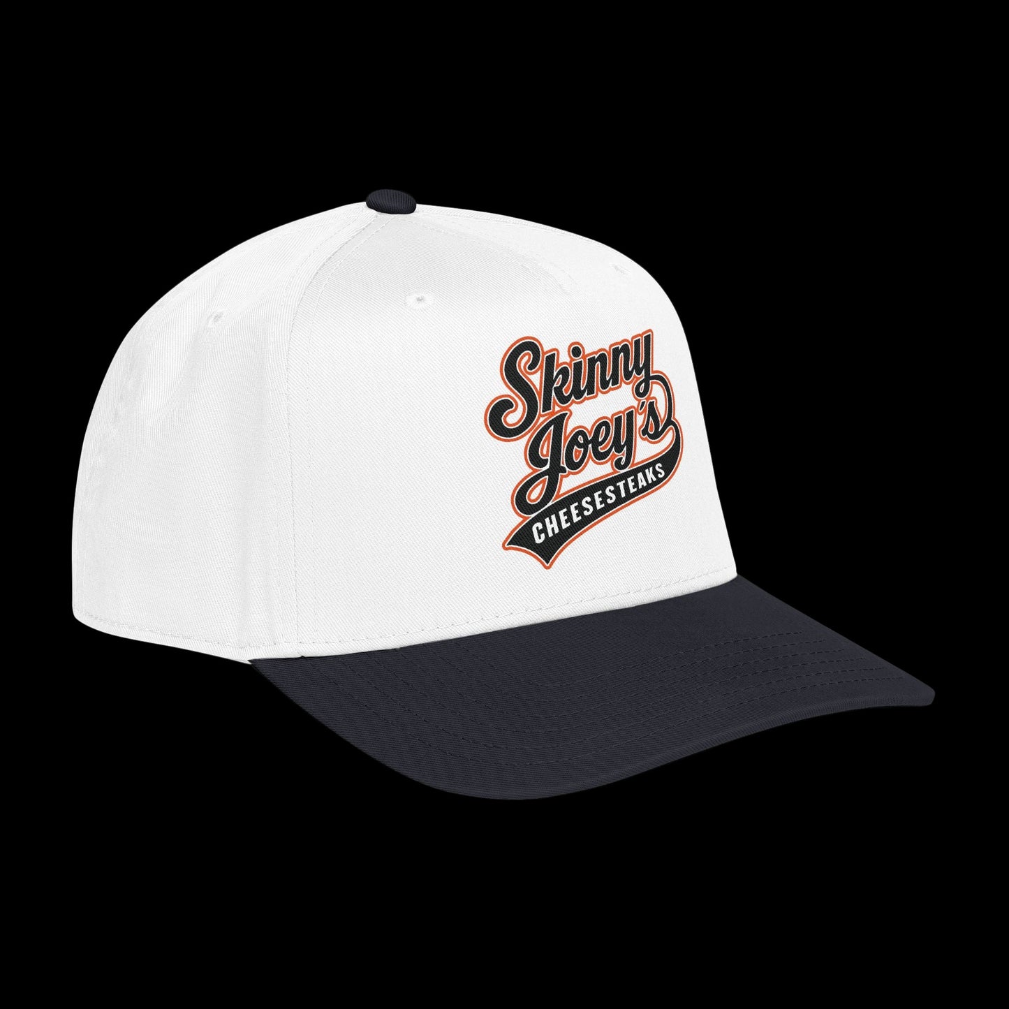 White cap with 'Skinny Joey's Cheesesteaks' logo on a black background