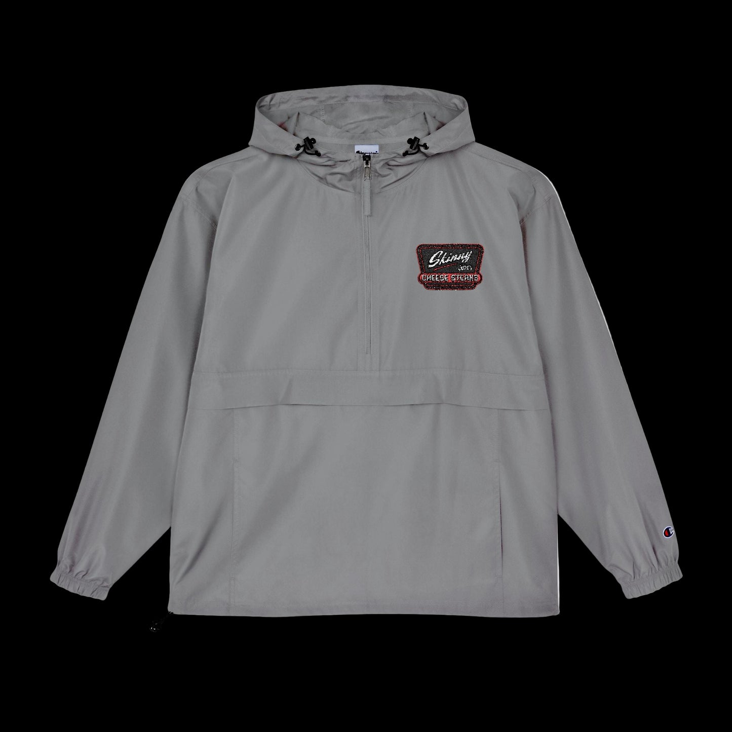 Gray hooded jacket with a logo on a white background