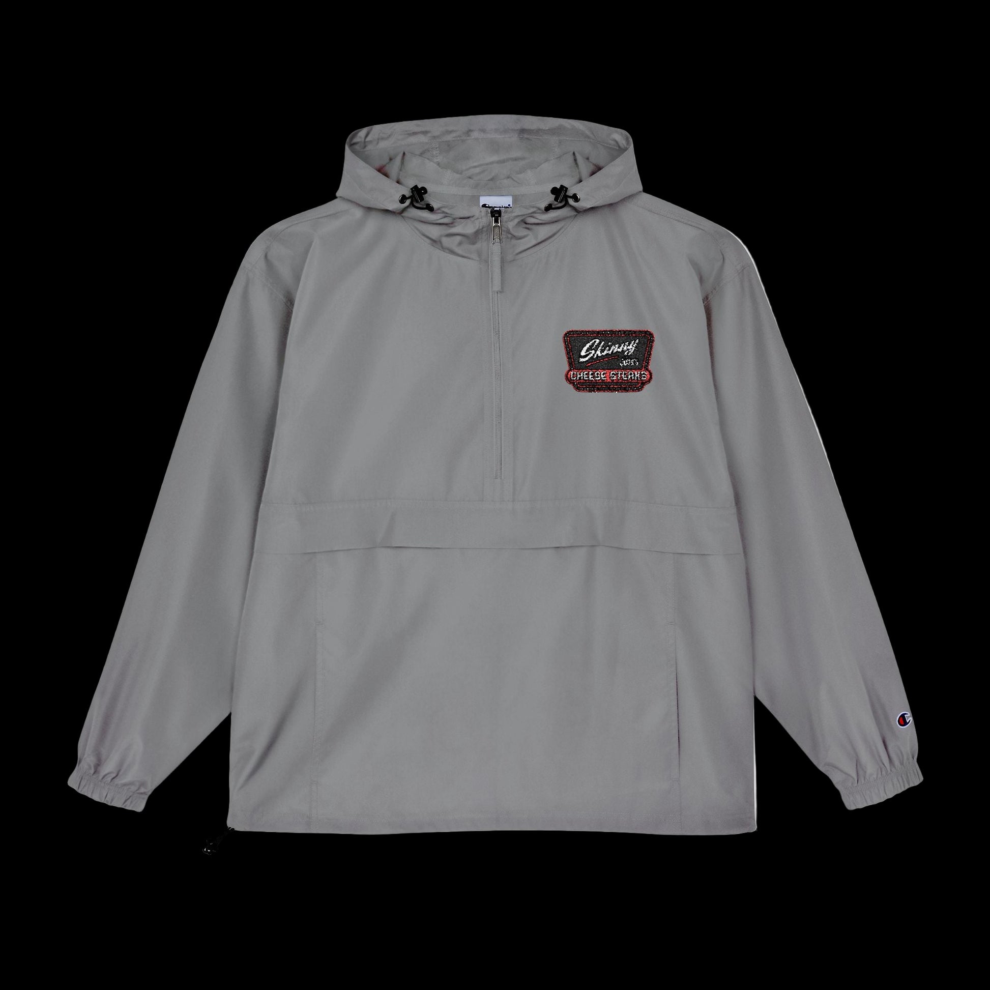 Gray hooded jacket with a logo on a white background