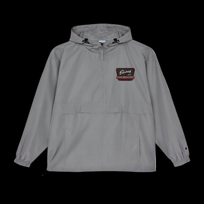 Gray hooded jacket with a logo on a white background