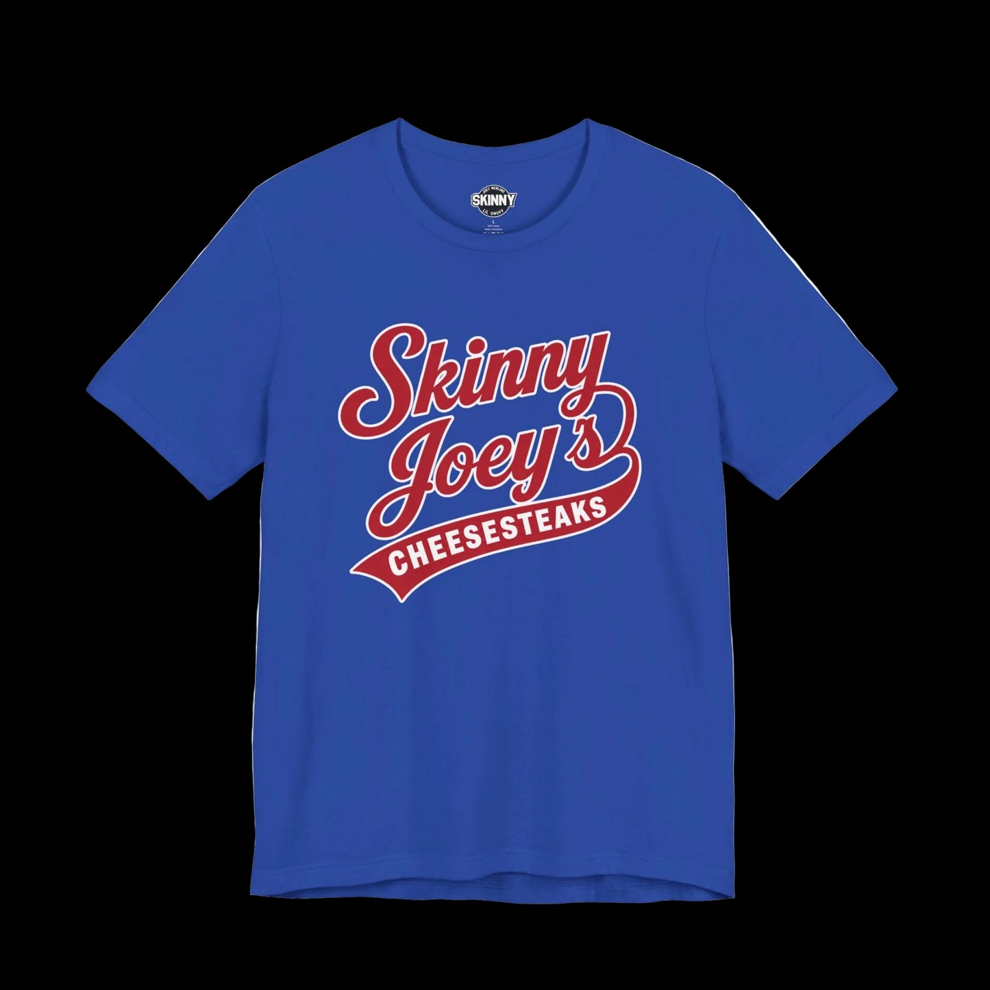 Blue t-shirt with 'Skinny Joey's Cheesesteaks' text on a white background