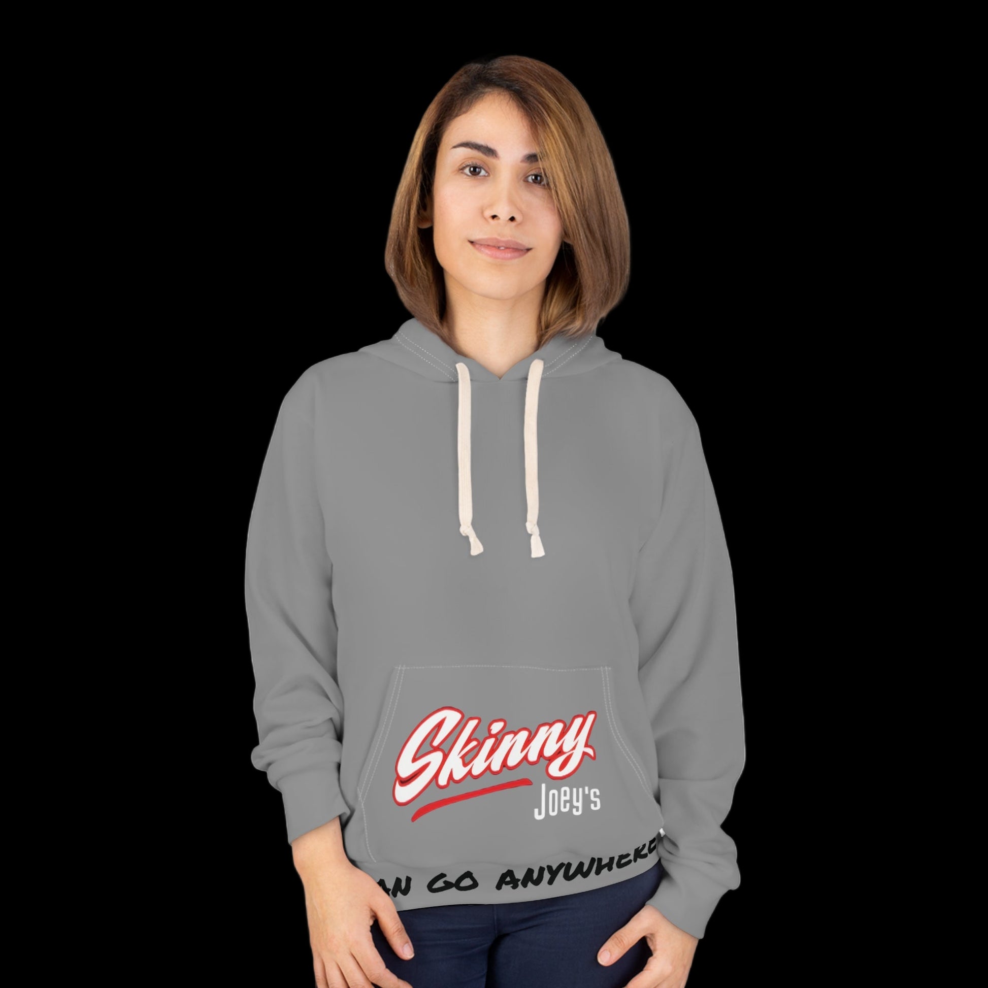 Person wearing a gray hoodie with 'Skinny Joey's' text on a white background